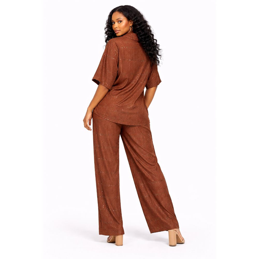 Women Brown Shimmer Pleated Two Piece Trouser Set